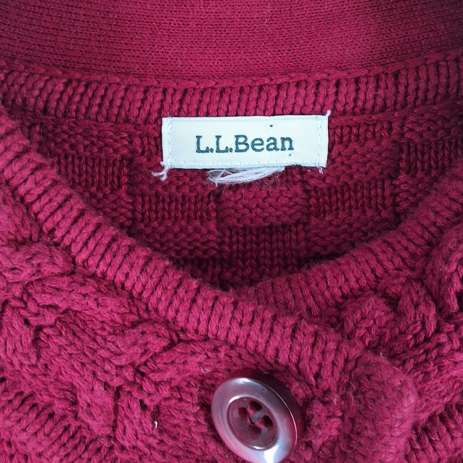 LL Bean Womens Burgundy Red Cotton Cable Mixed Knit Cardigan Sweater L - View 3
