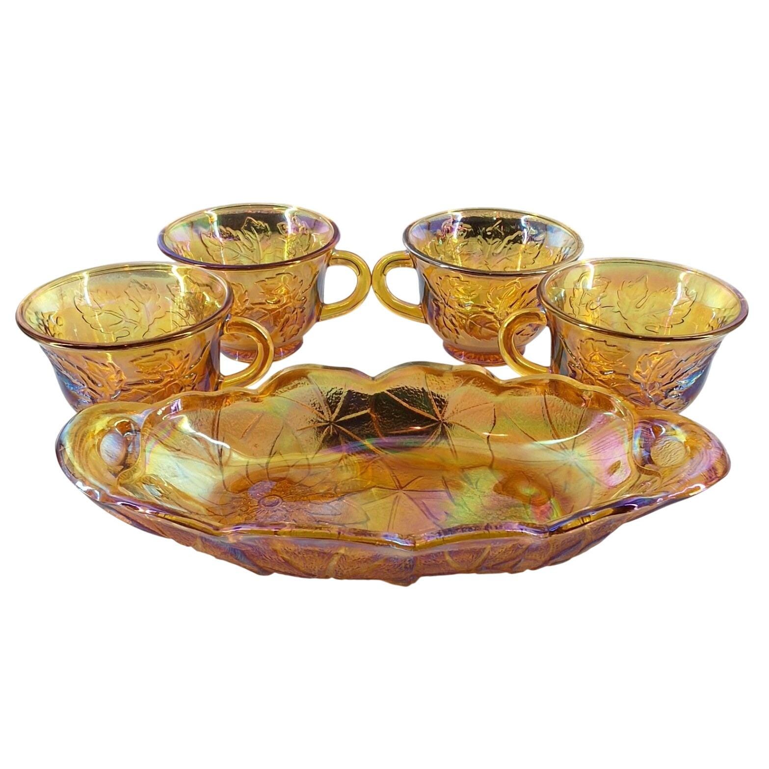 Vtg Indiana Glass Marigold Carnival Glass Harvest Grape Oval Bowl & 4 Cups Set