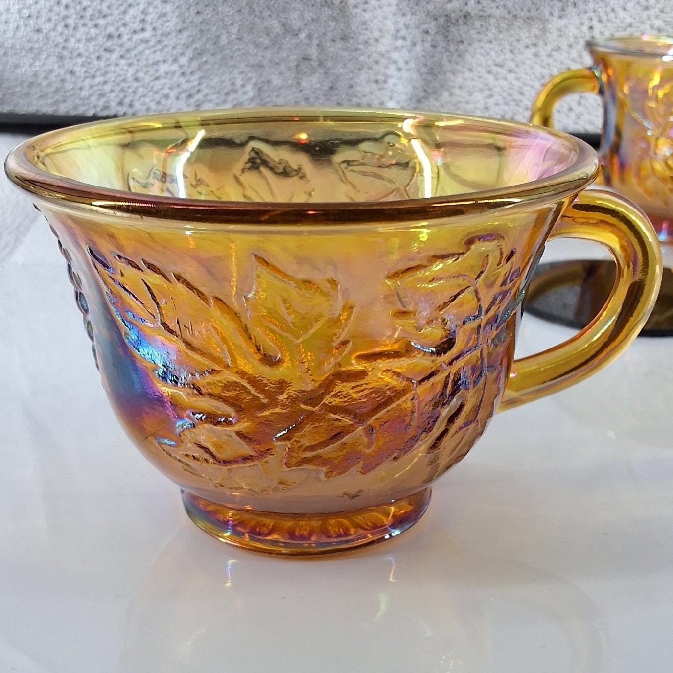 Vtg Indiana Glass Marigold Carnival Glass Harvest Grape Oval Bowl & 4 Cups Set - View 3