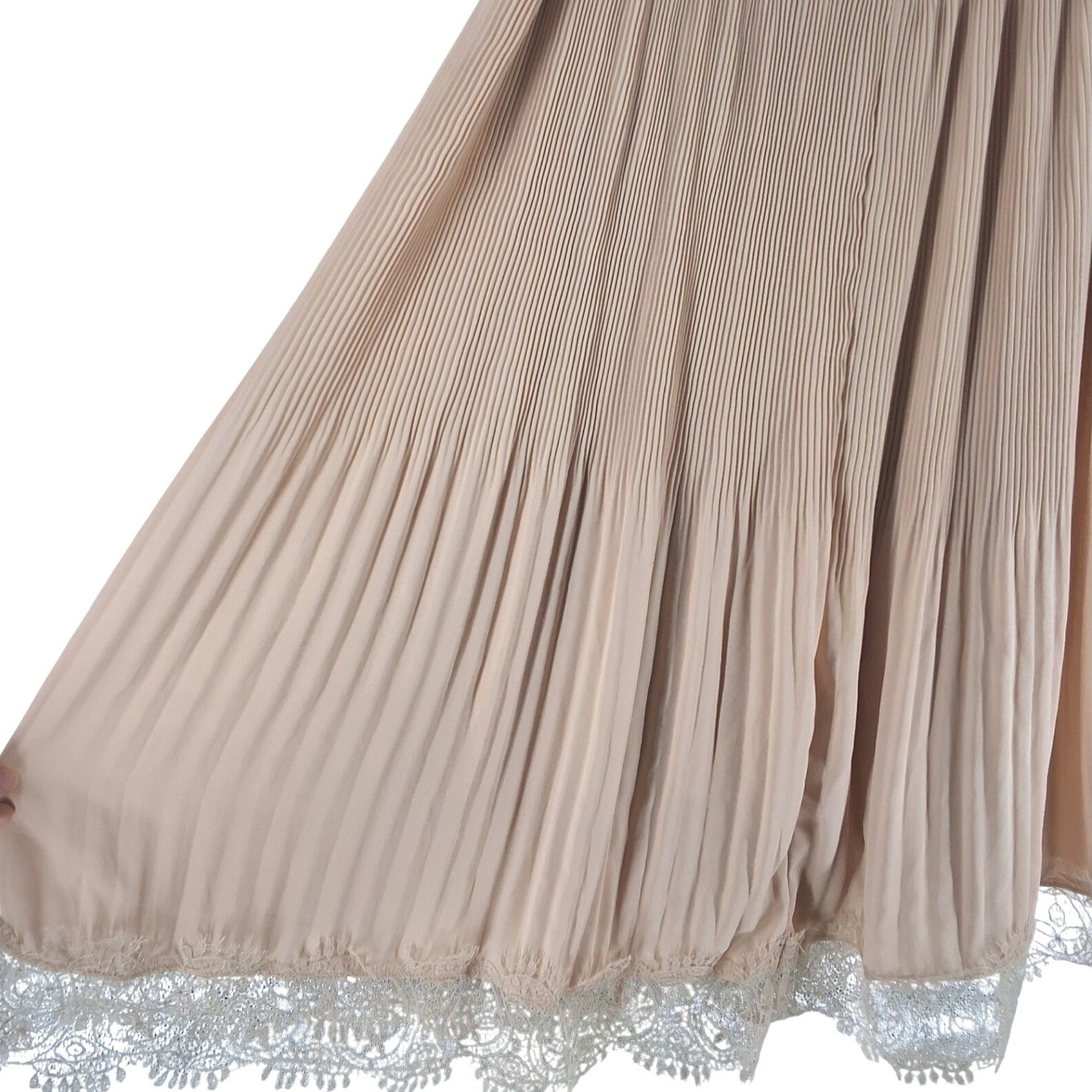 Blush Pink Pleated Midi Skirt Lace Trim Accordion Lined M - View 3
