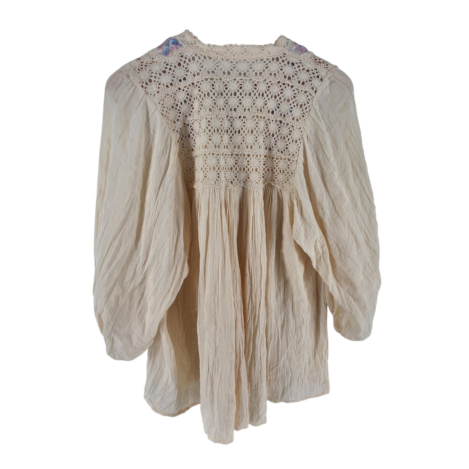 Boho Cream Gauze Peasant Blouse Floral Embroidery Crochet Lace Balloon Sleeve - View 3