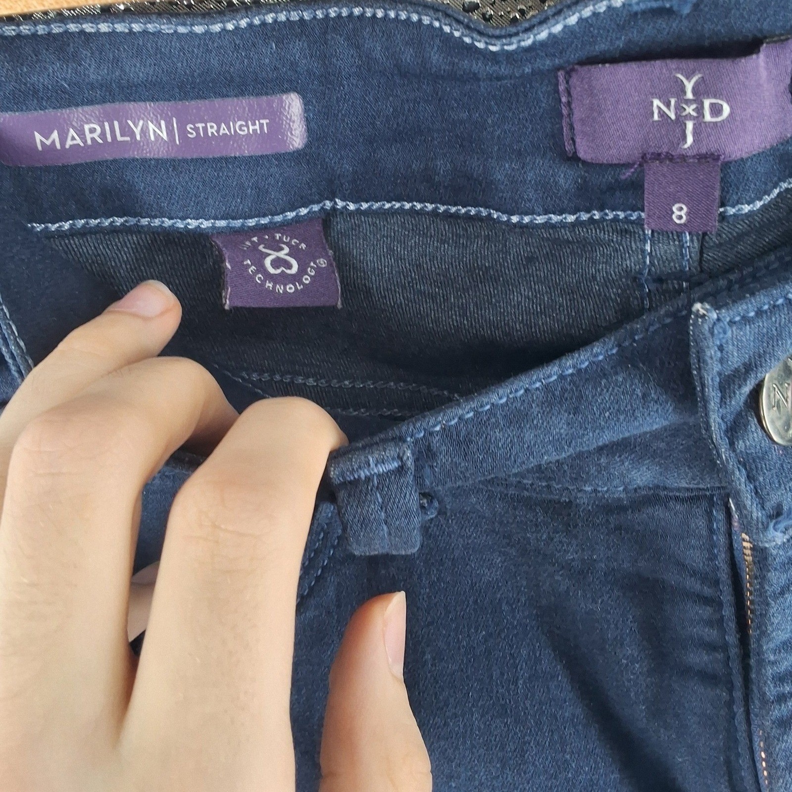 NYDJ Marilyn Straight Leg Jeans Navy Blue Lift Tuck Stretch Denim Womens Size 8 - View 5