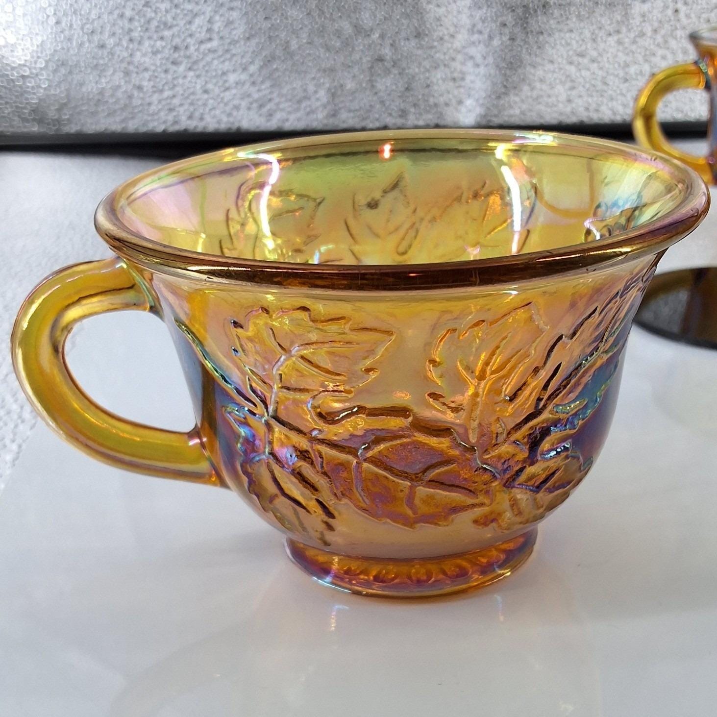Vtg Indiana Glass Marigold Carnival Glass Harvest Grape Oval Bowl & 4 Cups Set - View 4