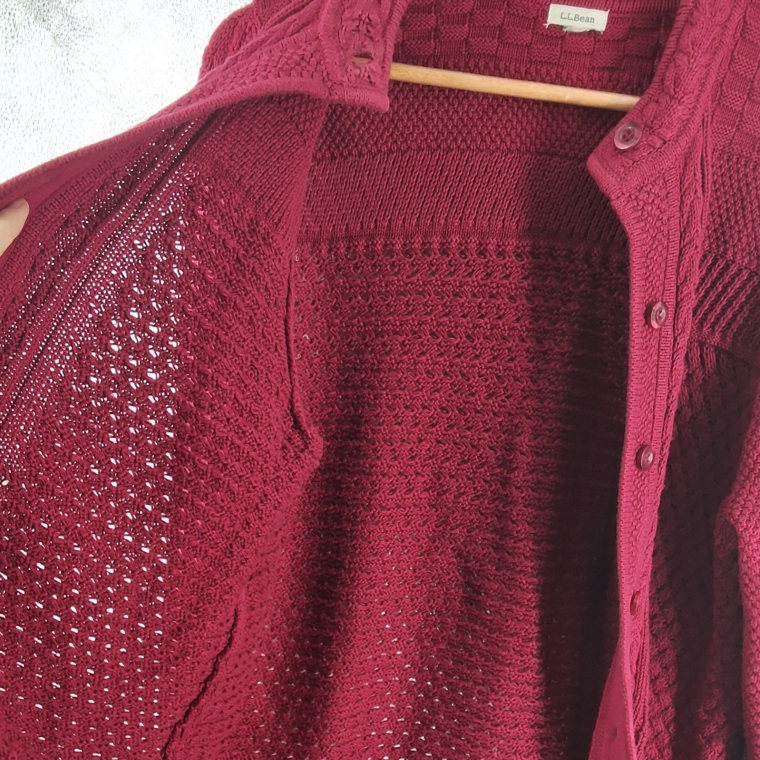 LL Bean Womens Burgundy Red Cotton Cable Mixed Knit Cardigan Sweater L - View 7