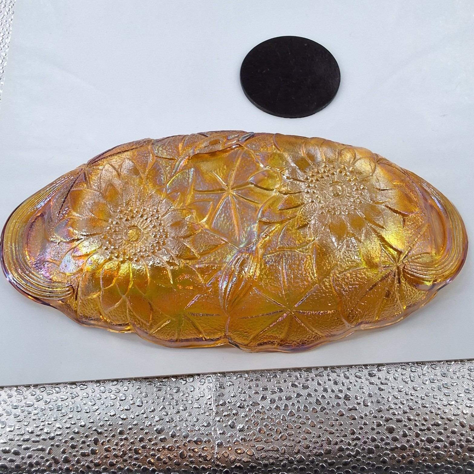 Vtg Indiana Glass Marigold Carnival Glass Harvest Grape Oval Bowl & 4 Cups Set - View 9