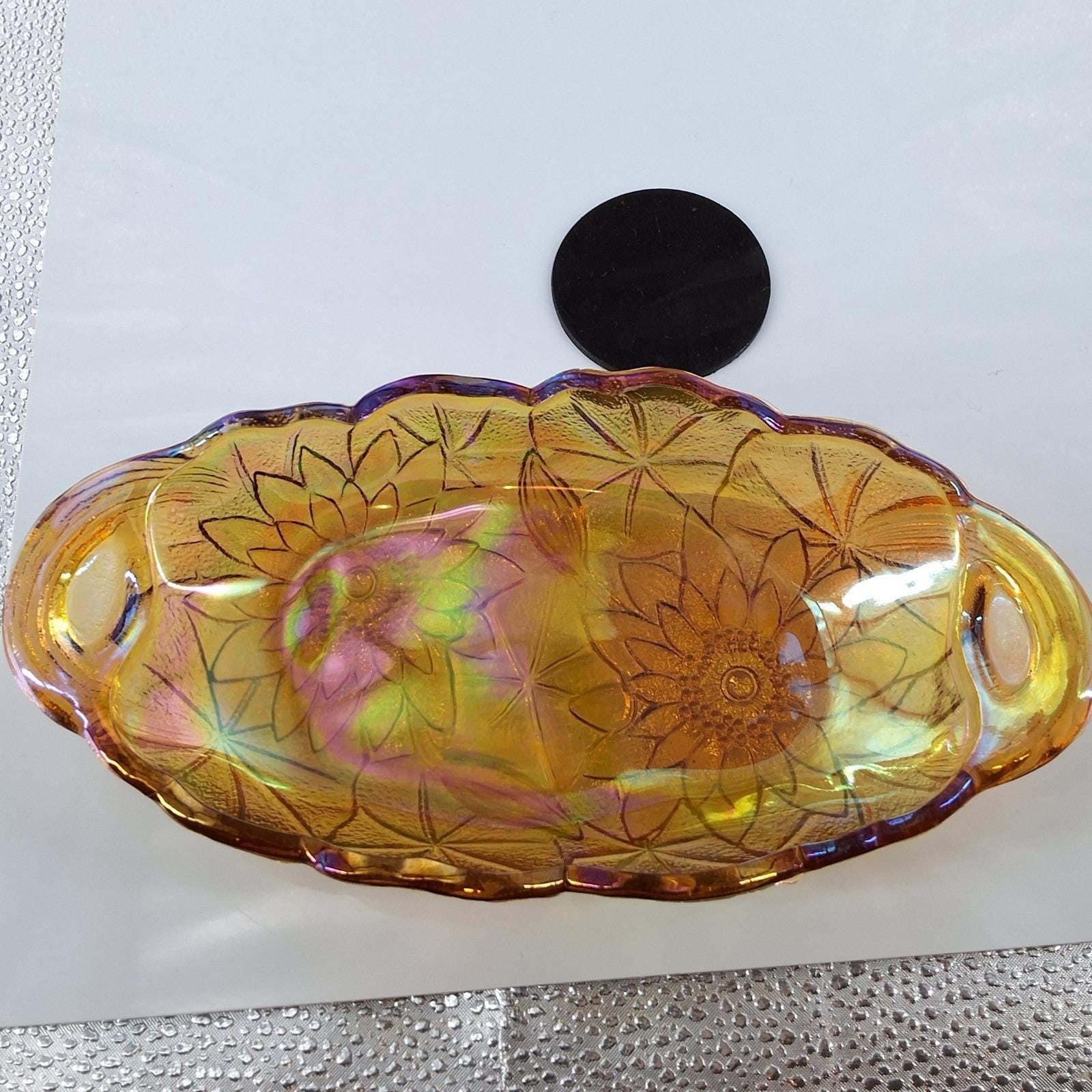 Vtg Indiana Glass Marigold Carnival Glass Harvest Grape Oval Bowl & 4 Cups Set - View 10