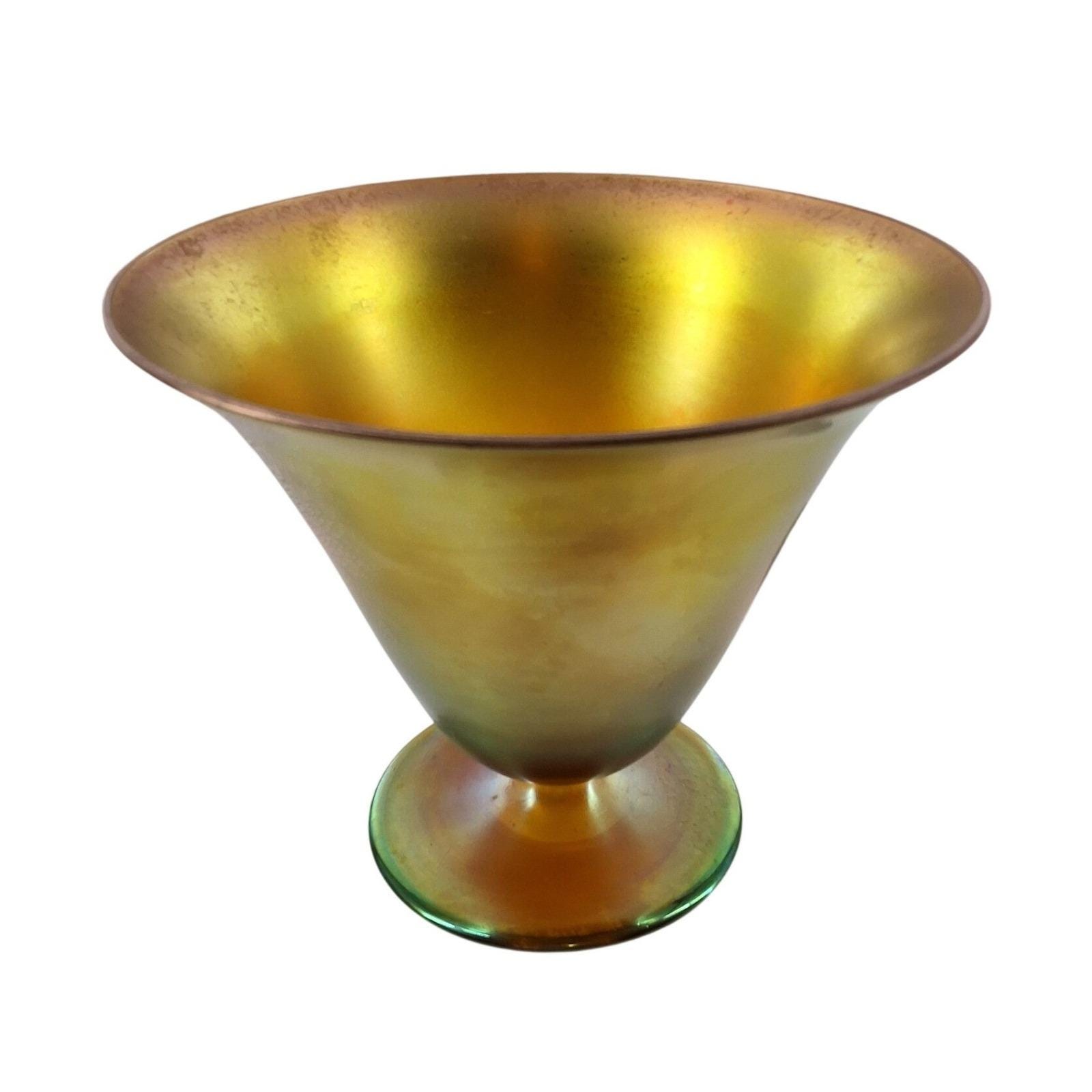 Steuben Aurene Gold Blue Iridescent Art Glass Compote Pedestal Bowl Vintage 5"