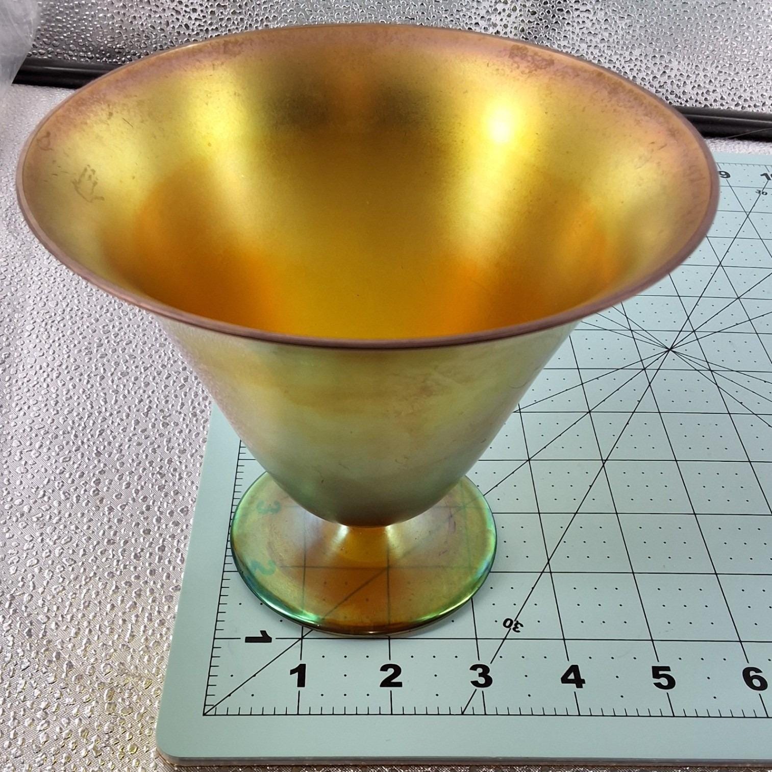 Steuben Aurene Gold Blue Iridescent Art Glass Compote Pedestal Bowl Vintage 5" - View 4