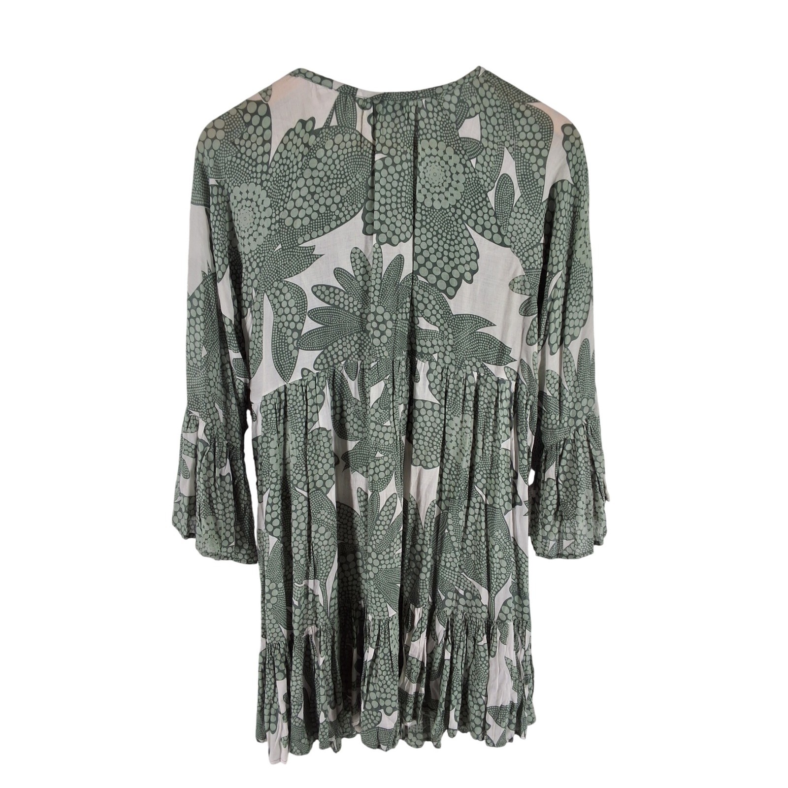Lani Lau Hawaii Green White Tropical Rayon Tassel Babydoll Mini Dress ML - View 3