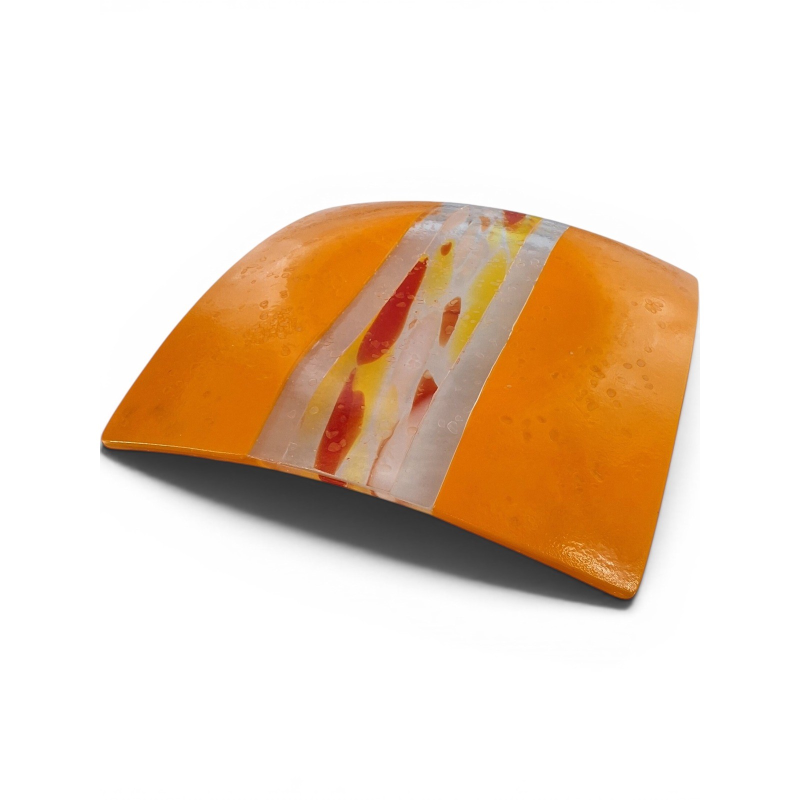 Artisan Fused Glass Square Plate Orange Red Yellow Abstract Curved Trinket Dish - View 5