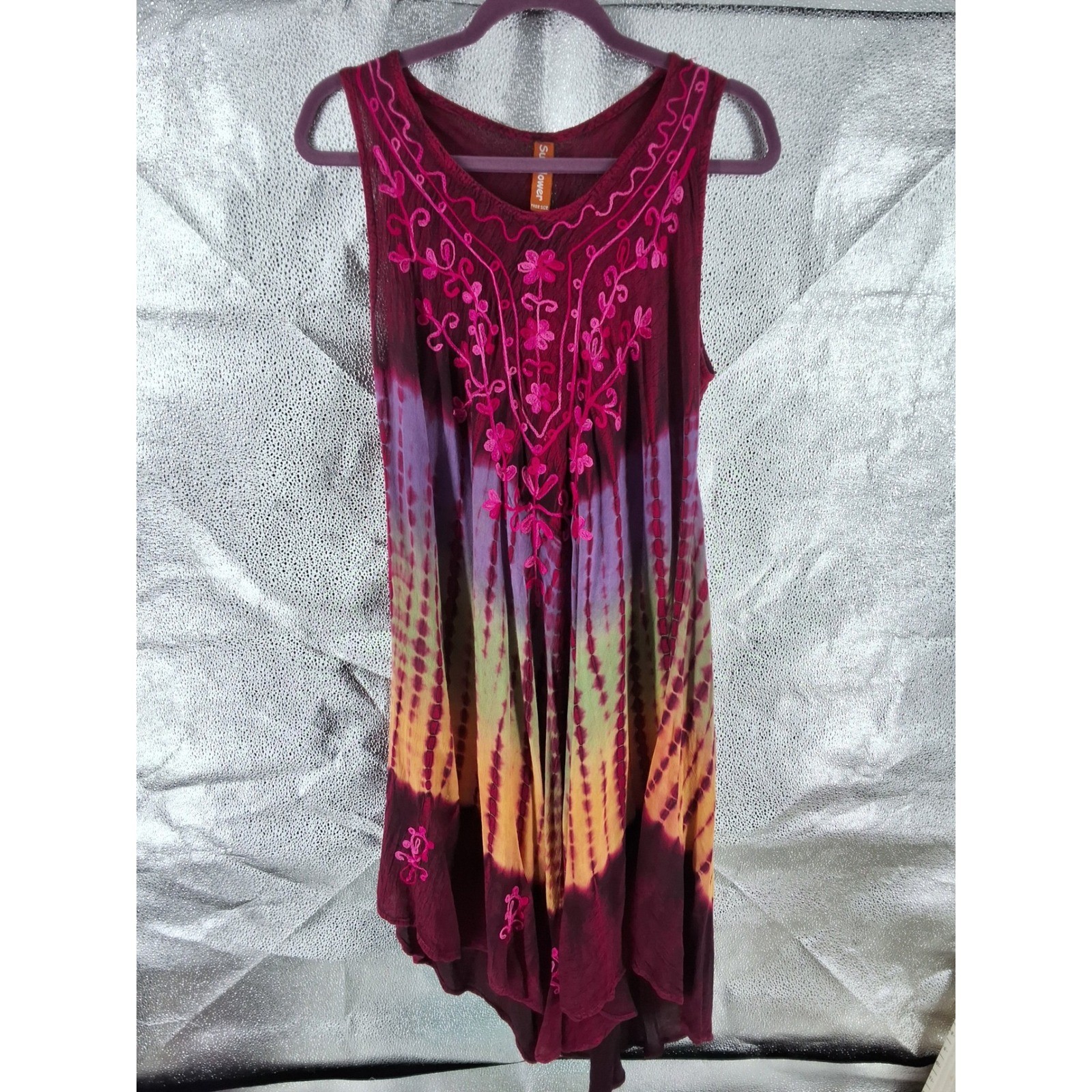 Sunflower Tie Dye Embroidered Sharkbite Tunic Dress Boho Festival Free Size