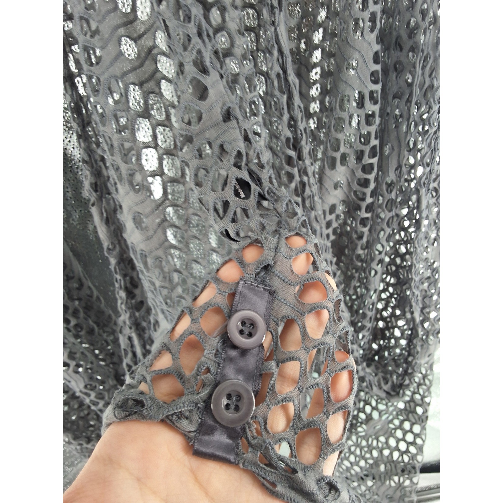 My Pretty Angel Gray Open Knit Mesh Rosette Draped Cardigan Shrug Large - View 6