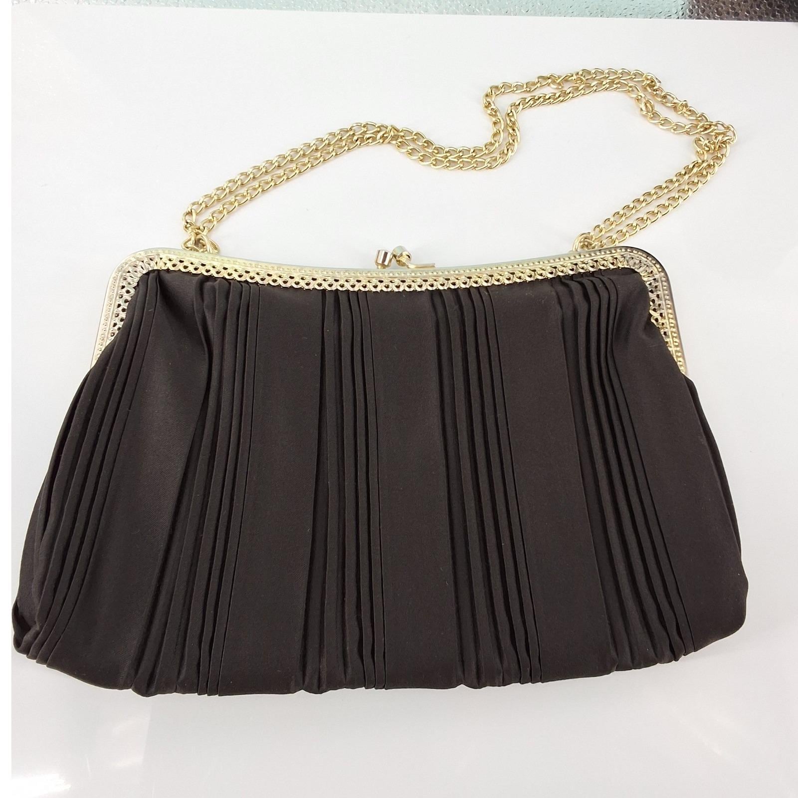 Vintage La Regale Black Satin Evening Bag Kiss Lock Filigree Frame Clutch HK
