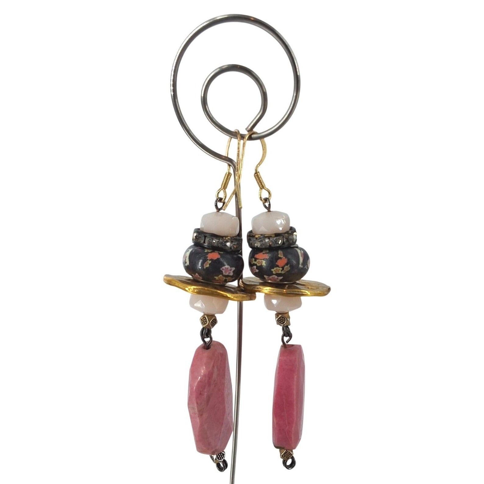 Bohemian Rhodonite Drop Earrings Pink Stone Floral Ceramic Gold Tone Dangle