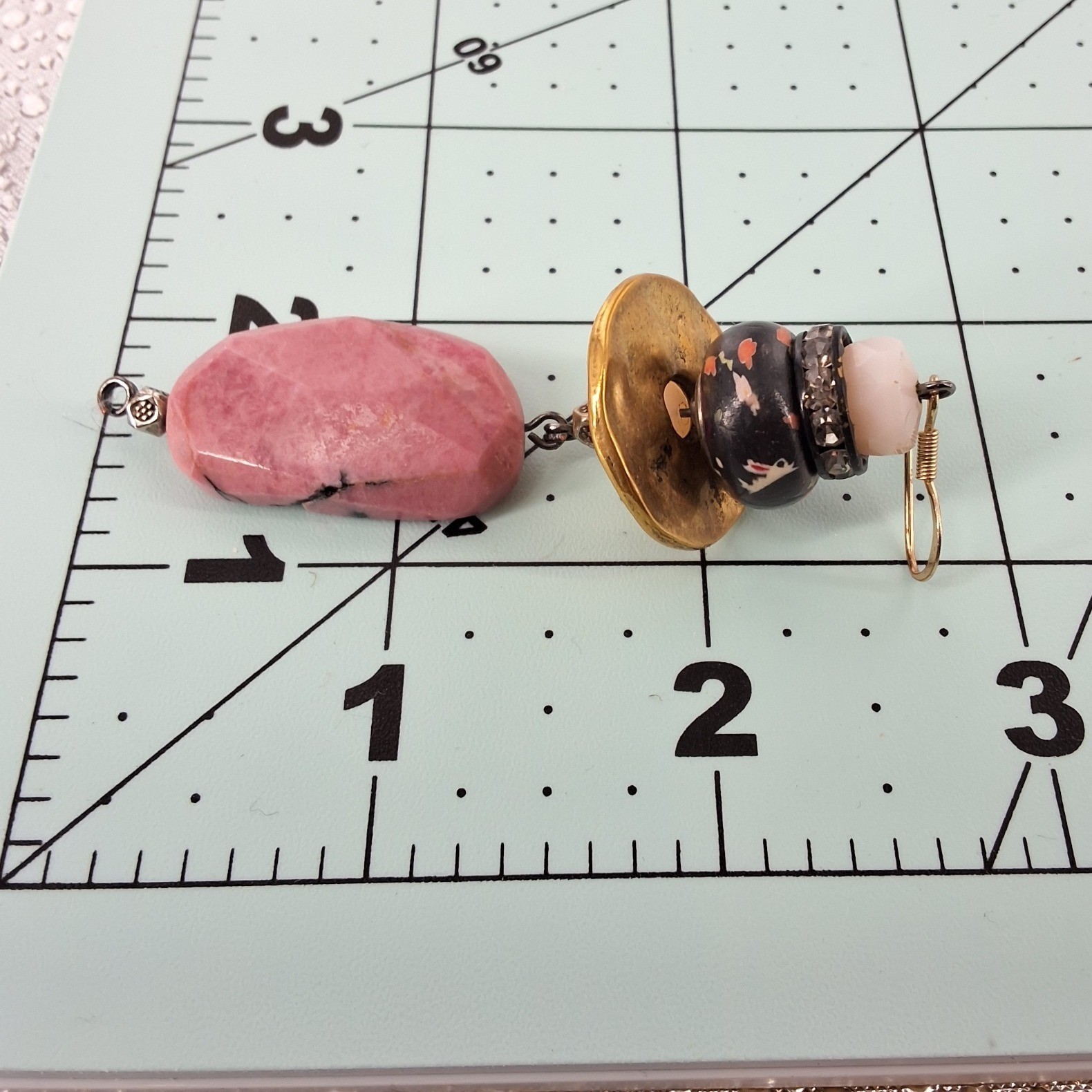 Bohemian Rhodonite Drop Earrings Pink Stone Floral Ceramic Gold Tone Dangle