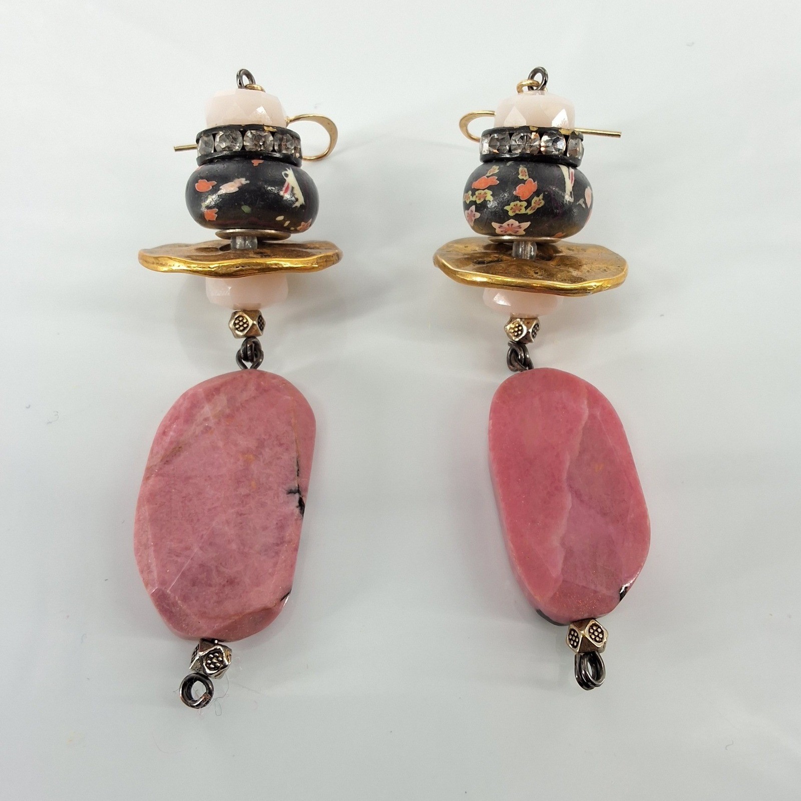 Bohemian Rhodonite Drop Earrings Pink Stone Floral Ceramic Gold Tone Dangle - View 5