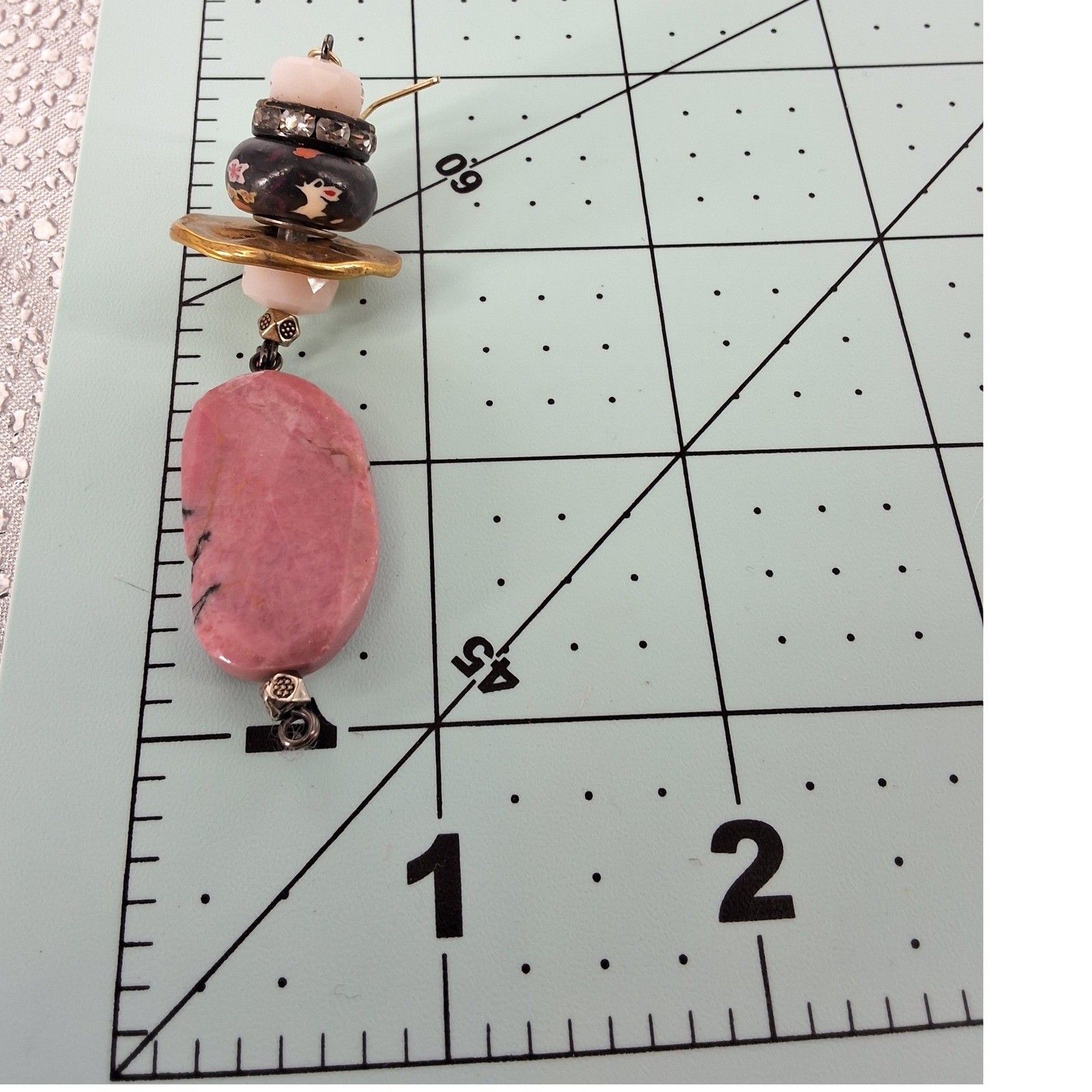Bohemian Rhodonite Drop Earrings Pink Stone Floral Ceramic Gold Tone Dangle - View 6