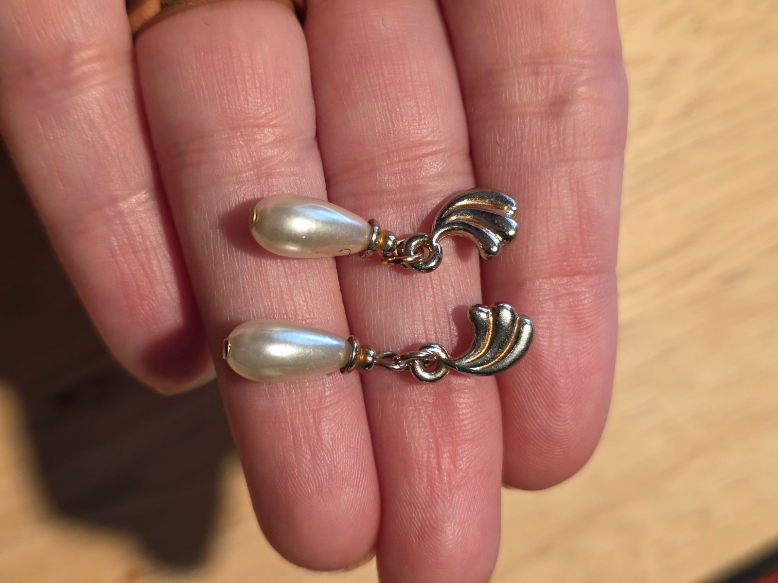 Vintage Gold Tone Faux Pearl Teardrop Earrings Wave Dangle Bridal‎ Post 1.25" - View 3