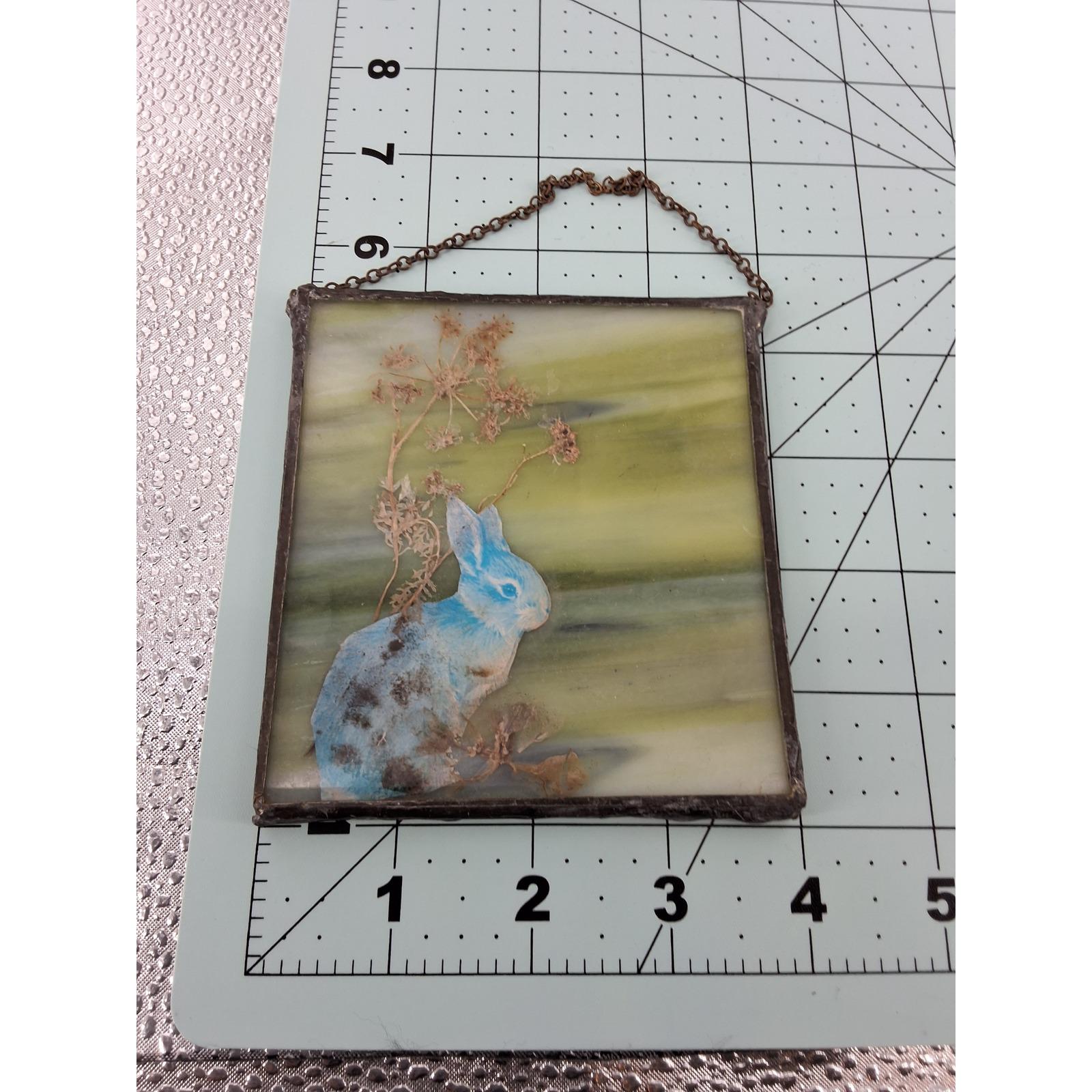 Vintage 70s Forever Flowers Stained Slag Glass Suncatcher Blue Rabbit Boho - View 3