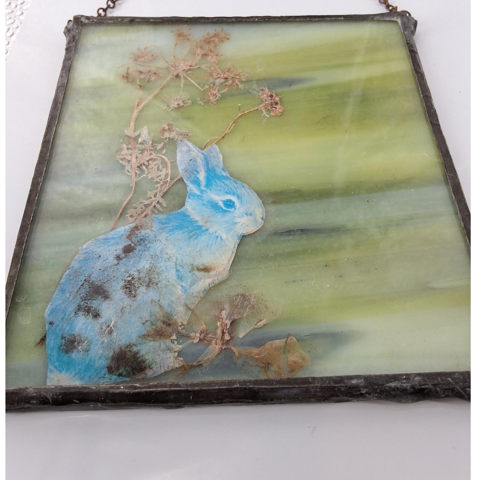Vintage 70s Forever Flowers Stained Slag Glass Suncatcher Blue Rabbit Boho - View 5