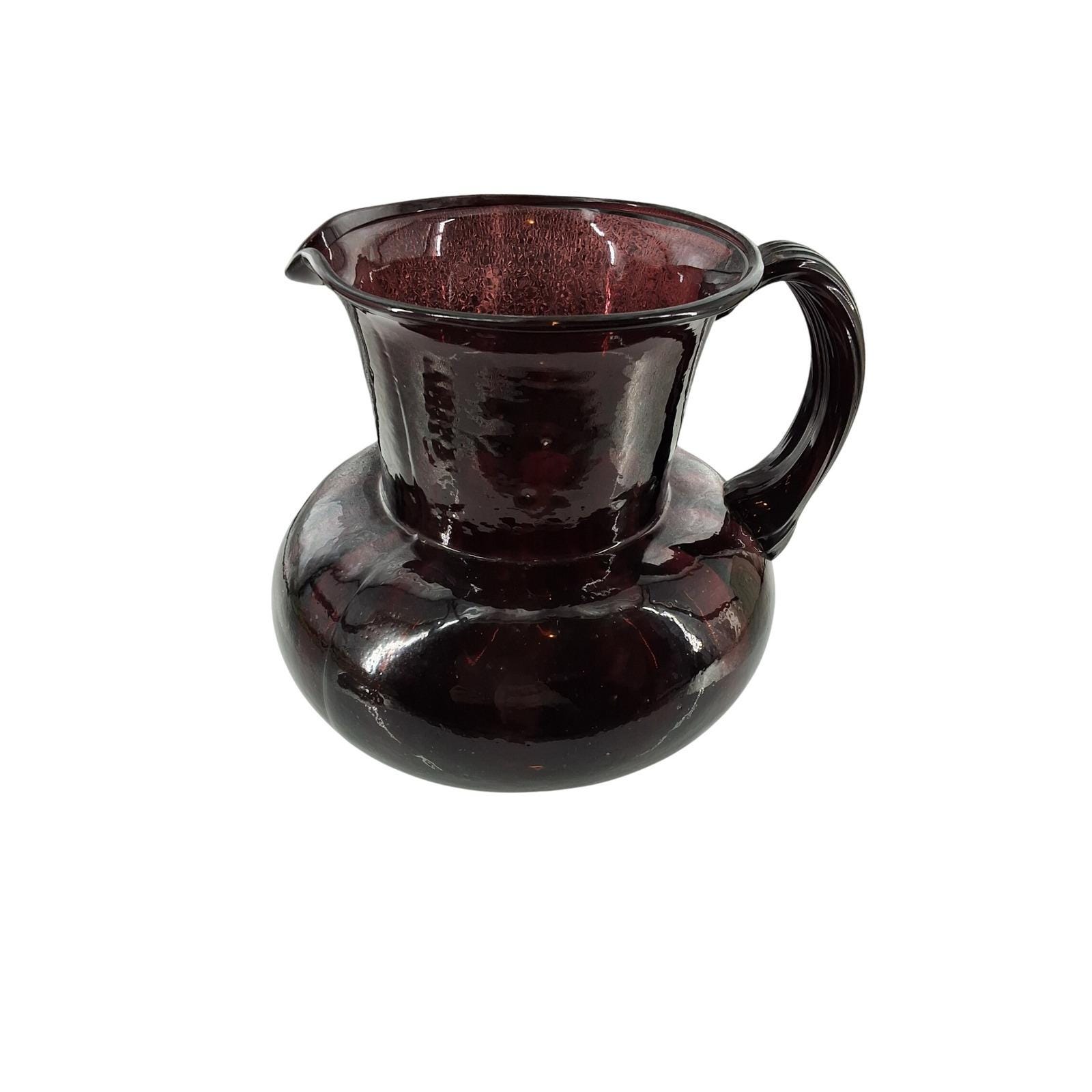 Vintage Amethyst Purple Hand Blown Art Glass Pitcher Ribbed Handle 7" - View 6