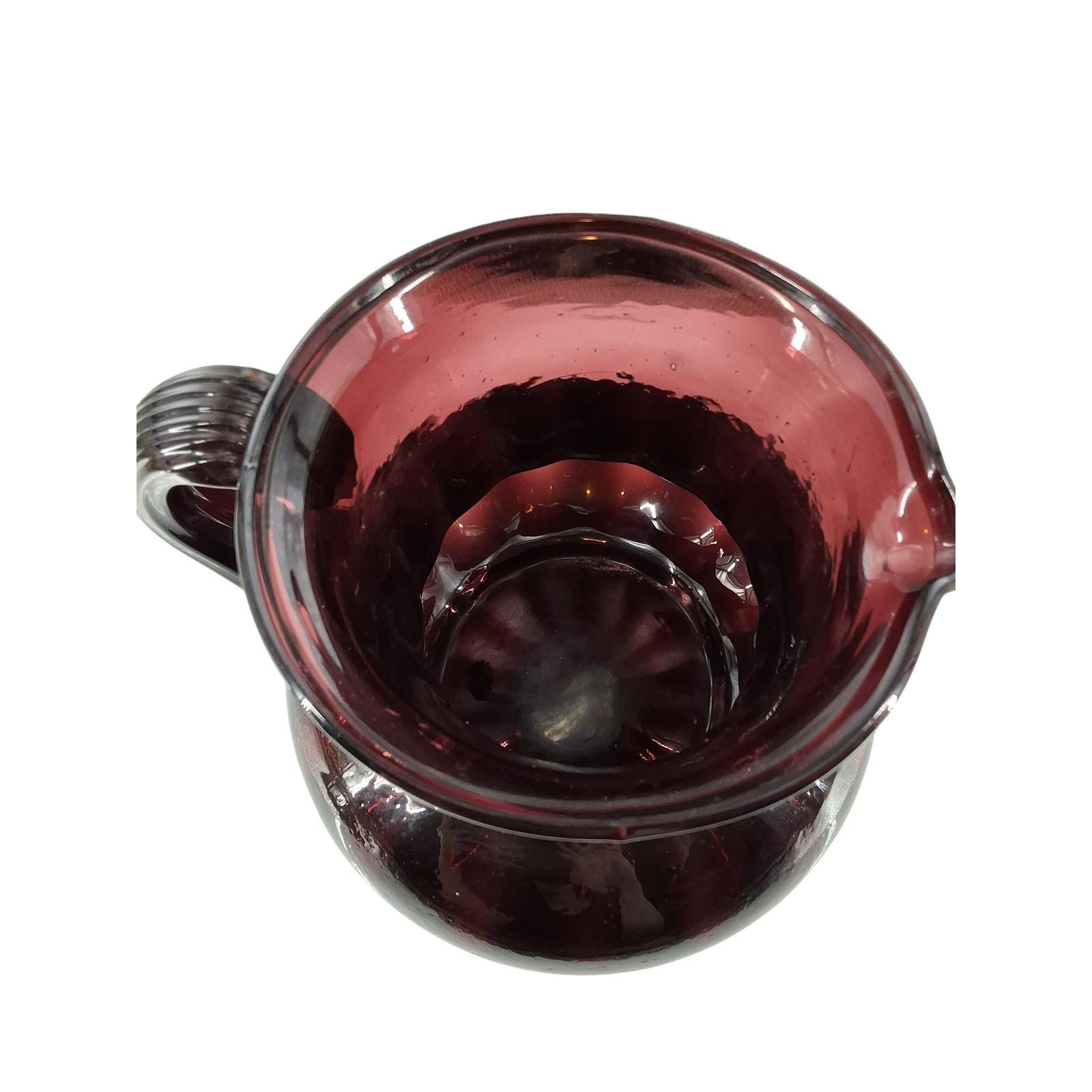 Vintage Amethyst Purple Hand Blown Art Glass Pitcher Ribbed Handle 7" - View 7