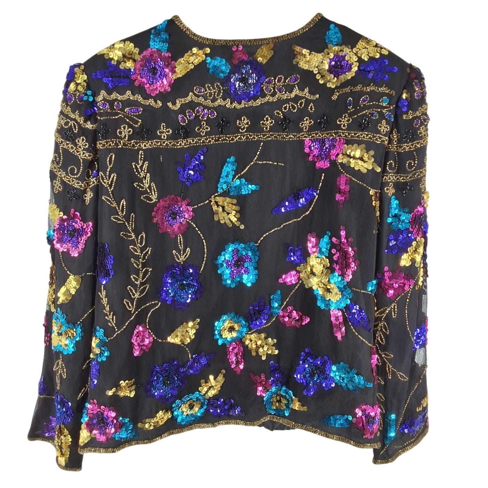 Vintage Drapers & Damons Silk Sequin Beaded Floral Evening Jacket Black PXL - View 3