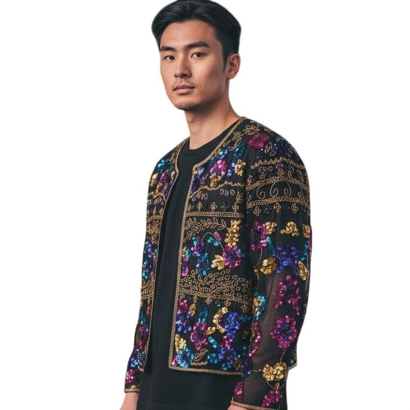 Vintage Drapers & Damons Silk Sequin Beaded Floral Evening Jacket Black PXL - View 4