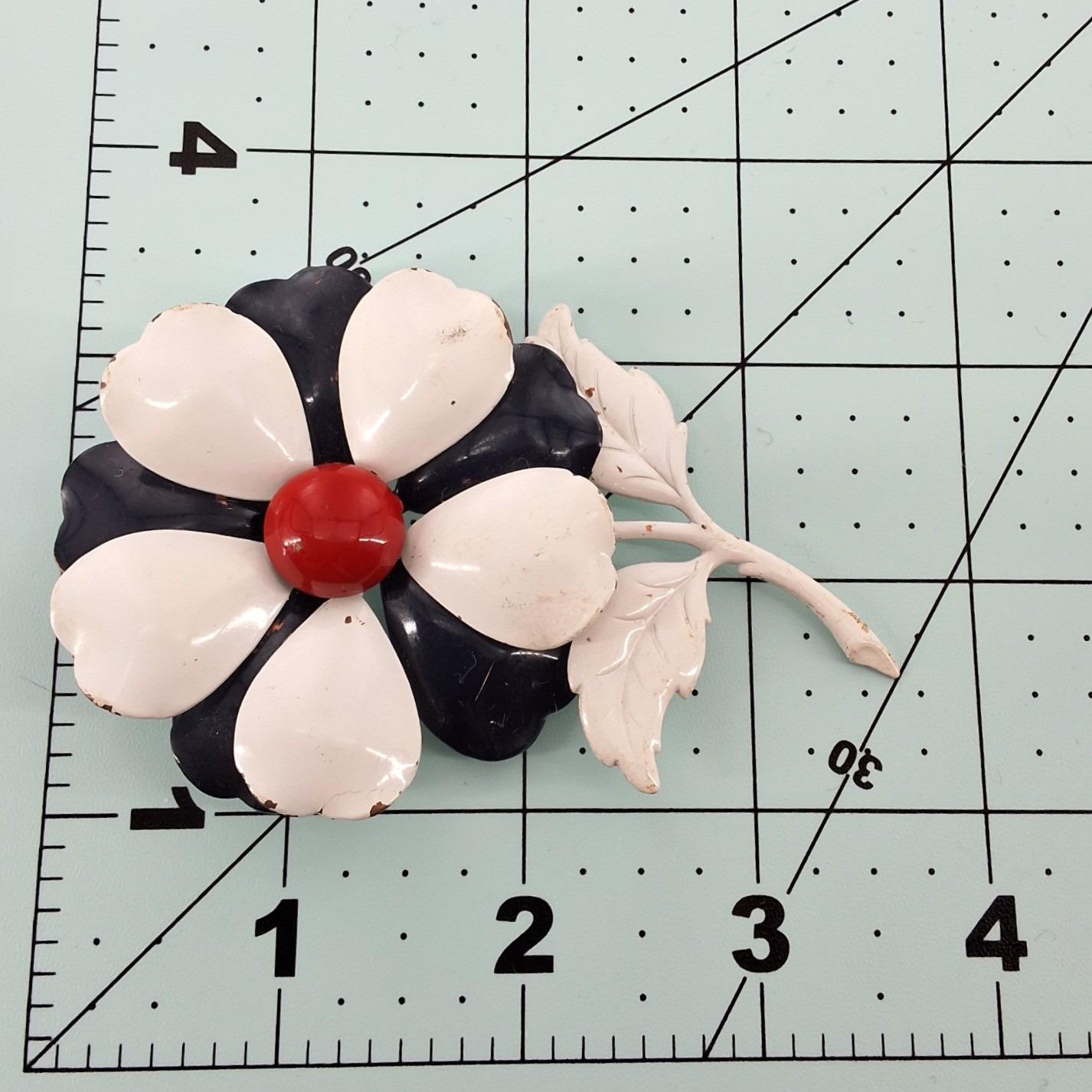 Vintage 60s Mod Enamel Flower Brooch White Black Red Retro Floral Pin 4"