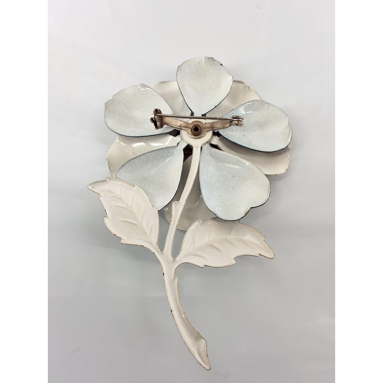 Vintage 60s Mod Enamel Flower Brooch White Black Red Retro Floral Pin 4" - View 3