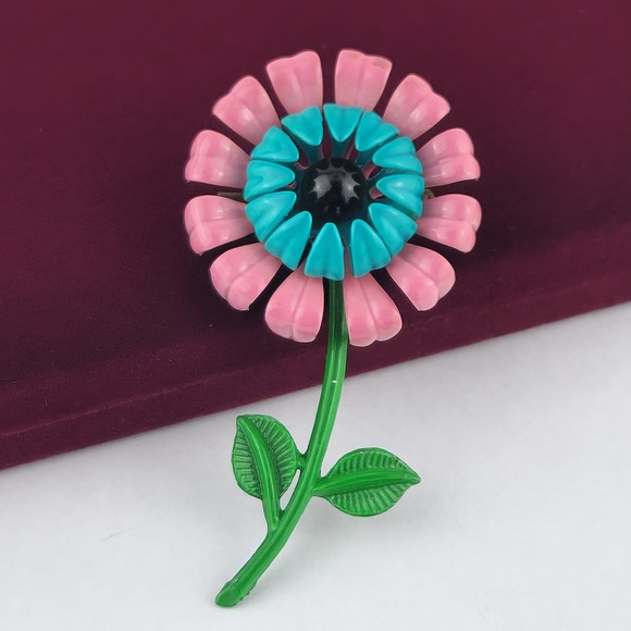 Vintage 60s Mod Enamel Flower Brooch White Black Red Retro Floral Pin 4" - View 7