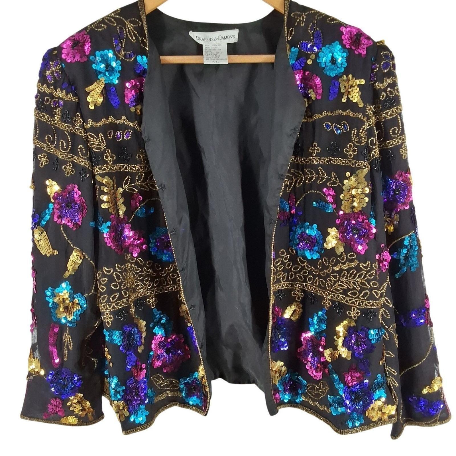 Vintage Drapers & Damons Silk Sequin Beaded Floral Evening Jacket Black PXL - View 8