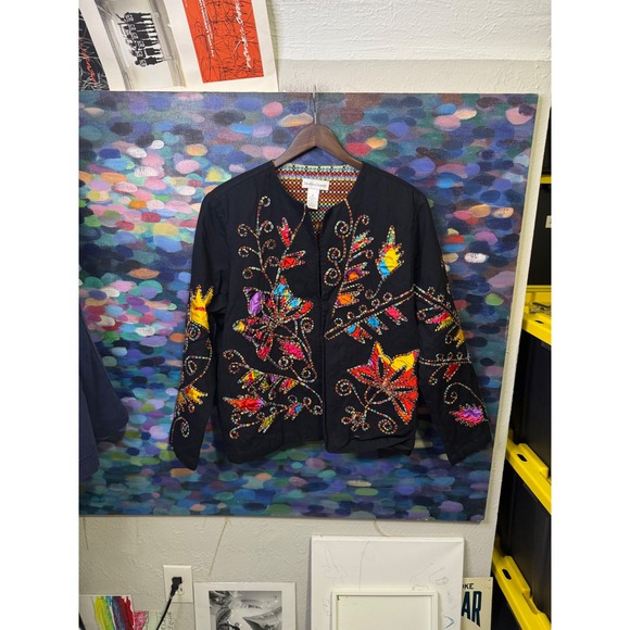 Vintage Drapers & Damons Silk Sequin Beaded Floral Evening Jacket Black PXL - View 15