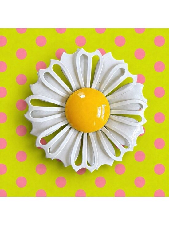 Vintage 60s Mod Enamel Flower Brooch White Black Red Retro Floral Pin 4" - View 18