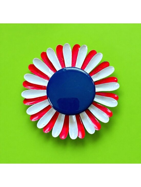 Vintage 60s Mod Enamel Flower Brooch White Black Red Retro Floral Pin 4" - View 19