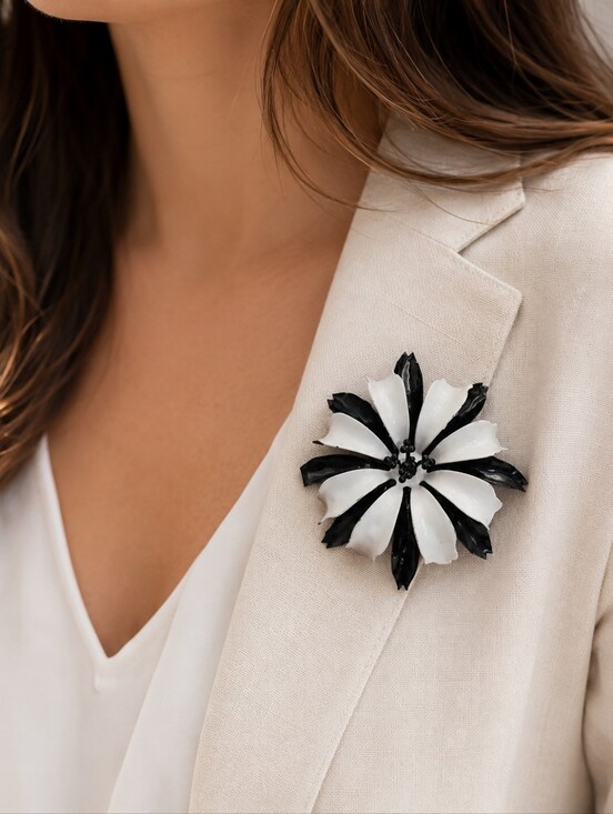 Vintage 60s Mod Enamel Flower Brooch White Black Red Retro Floral Pin 4" - View 20