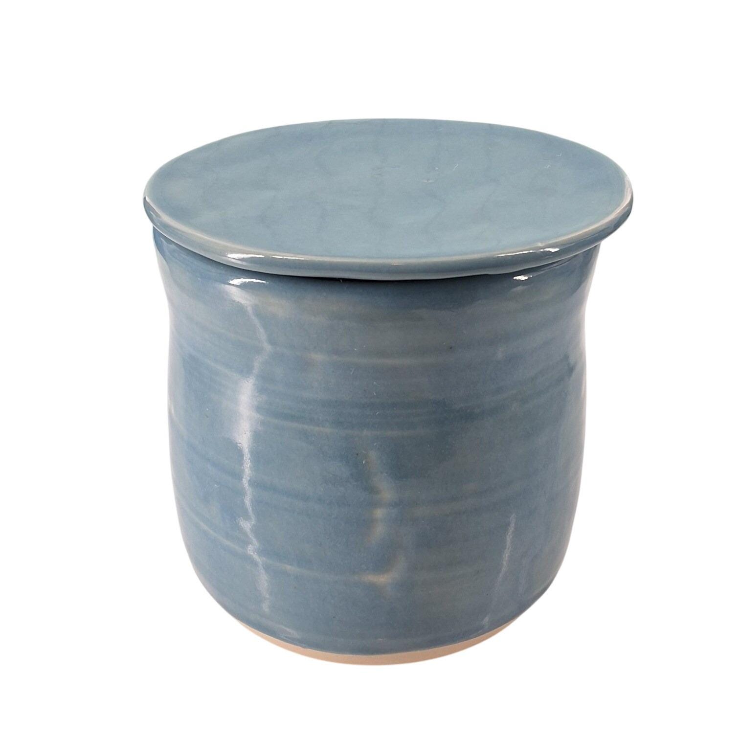 Blue Ceramic Studio Pottery French Butter Bell Crock Artisan Signed RM