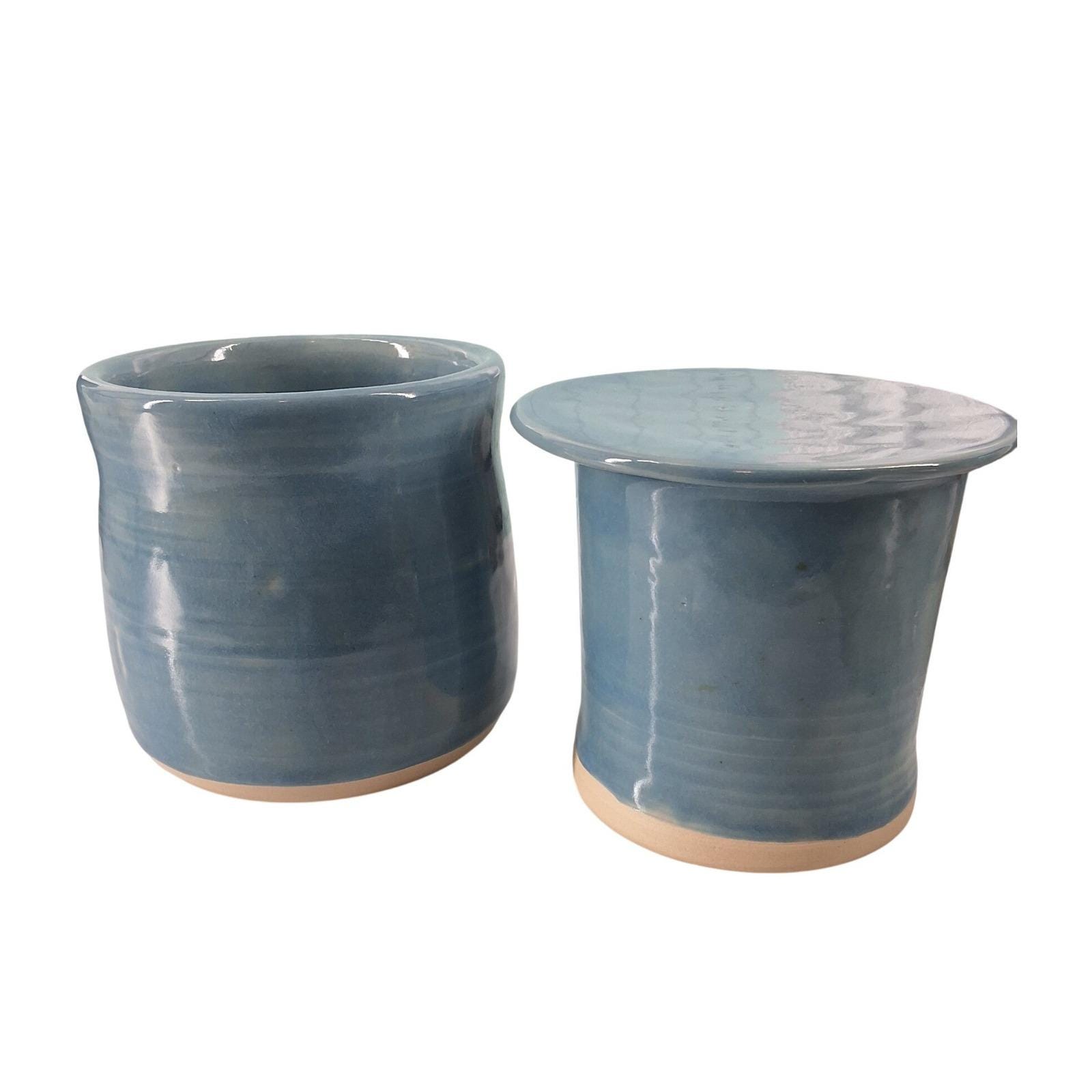 Blue Ceramic Studio Pottery French Butter Bell Crock Artisan Signed RM - View 6