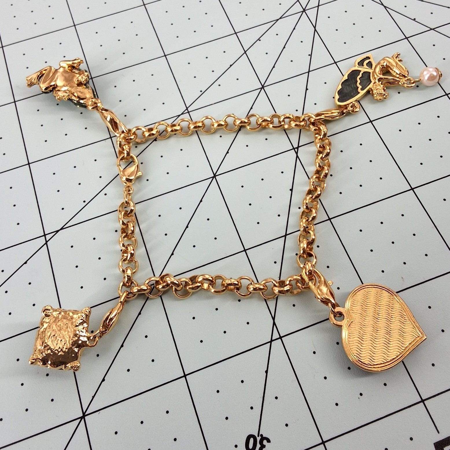Gold Tone Enamel Cat & Fairy Charm Bracelet Whimsical Fantasy Jewelry