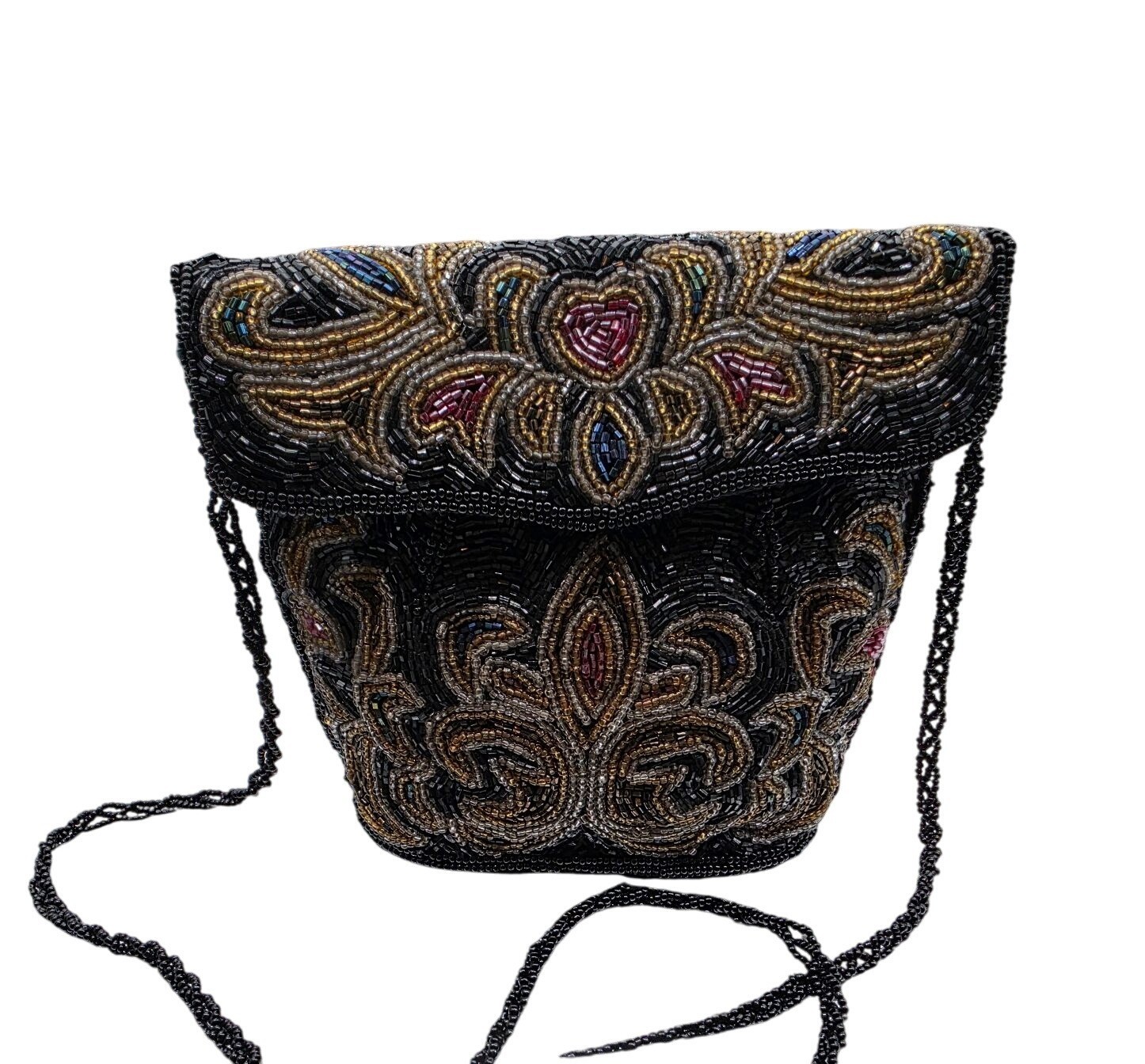 Vintage Beaded Evening Bag With Intricate Design & Chain Strap