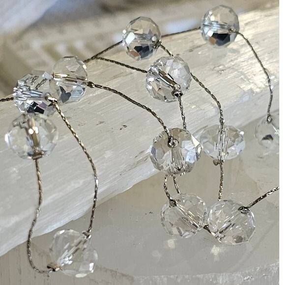 Multi Faceted Clear Glass Beaded Necklace Silver Tone Chain Adjustable‎ 18-22" - View 3