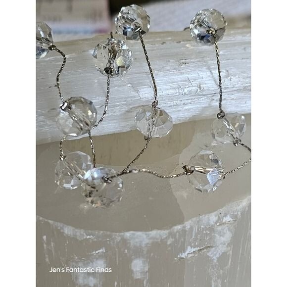 Multi Faceted Clear Glass Beaded Necklace Silver Tone Chain Adjustable‎ 18-22" - View 5