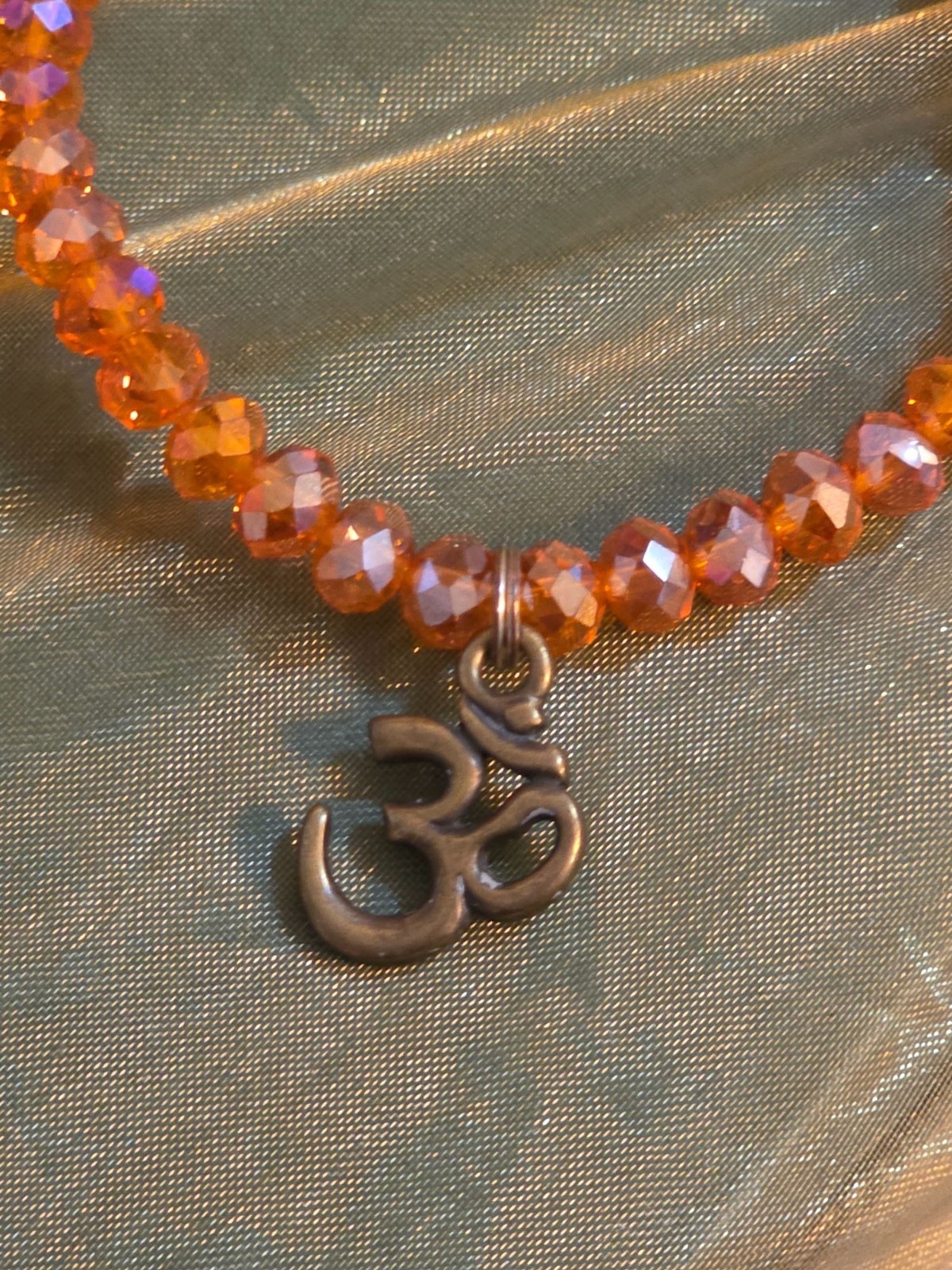 Aurora Borealis Beaded Stretch Bracelet Ohm Charm Yoga Jewelry Orange Brass‎ - View 3