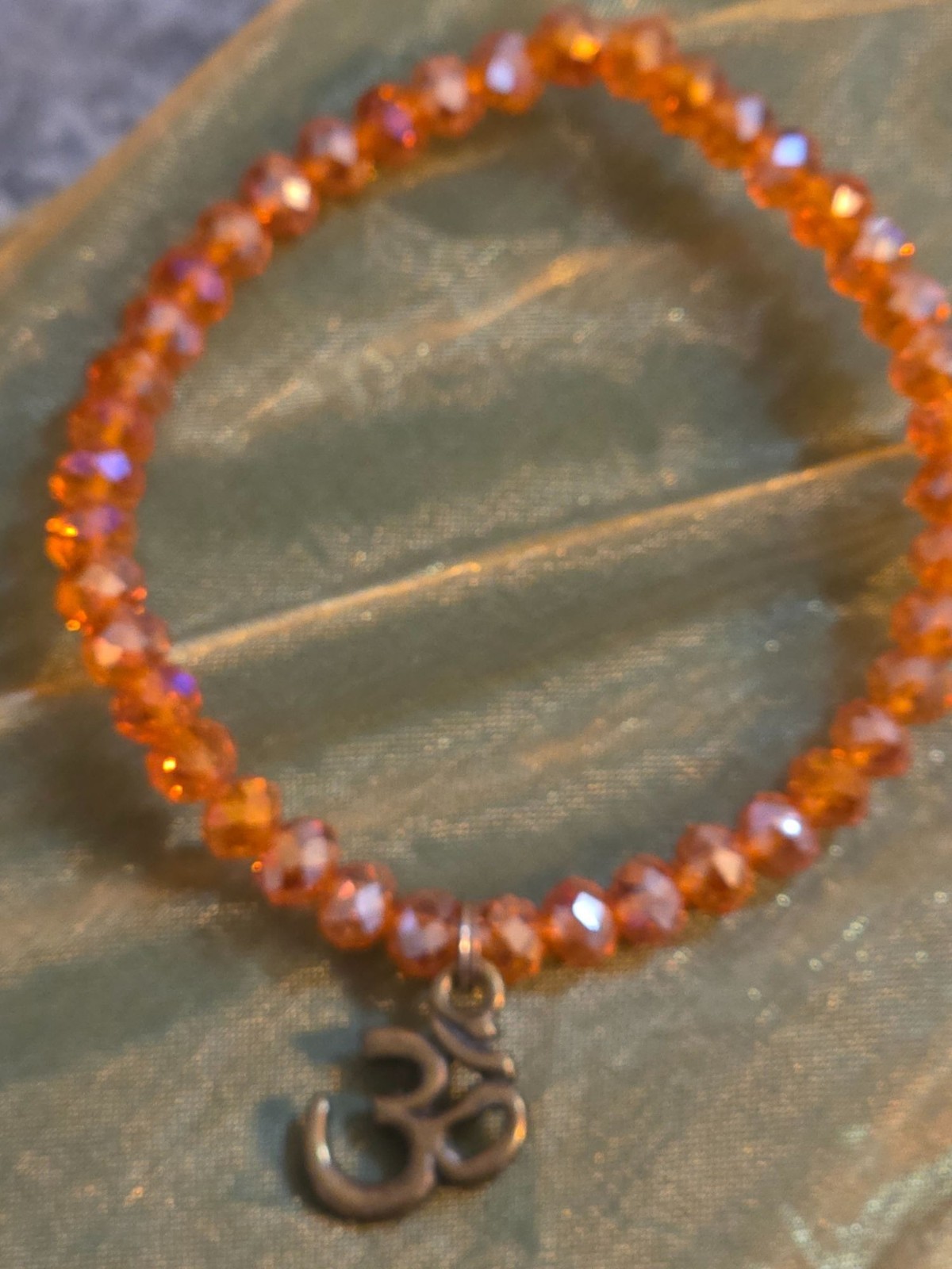 Aurora Borealis Beaded Stretch Bracelet Ohm Charm Yoga Jewelry Orange Brass‎ - View 4
