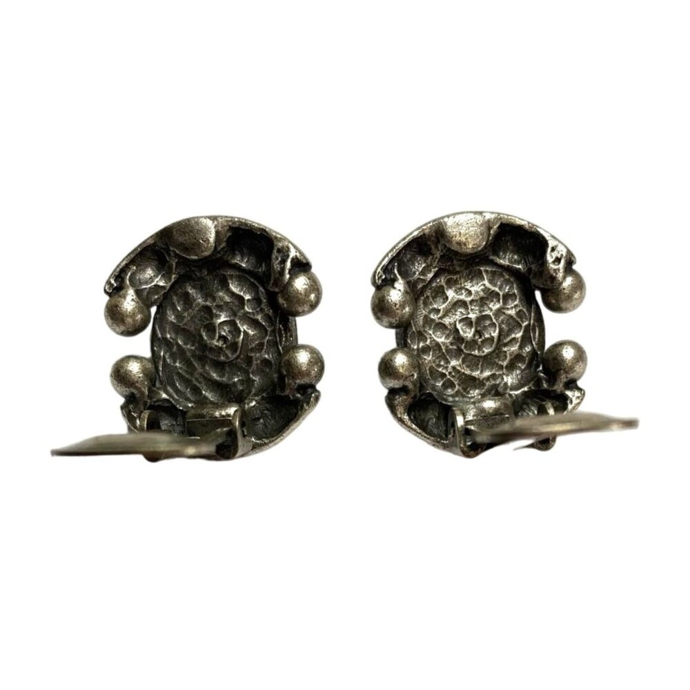 Vintage Brutalist Metal &‎ Black Cabochon Clip Earrings - View 3