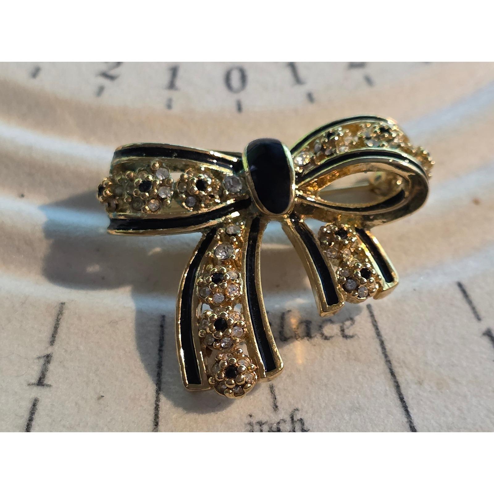 Anne Klein Vintage Gold Tone Black Enamel Rhinestone Bow Brooch Pin 2" - View 3