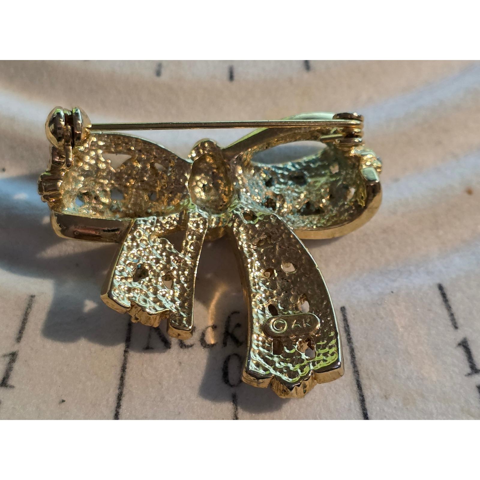 Anne Klein Vintage Gold Tone Black Enamel Rhinestone Bow Brooch Pin 2" - View 4