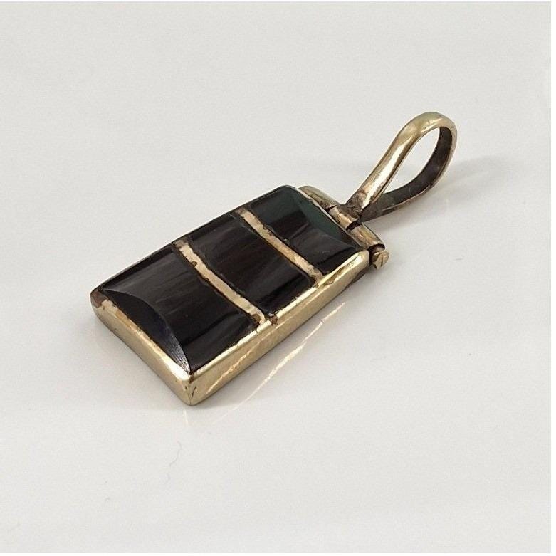 Vintage Art Deco Black Onyx Inlay Rectangular Silver Tone Pendant Charm - View 4