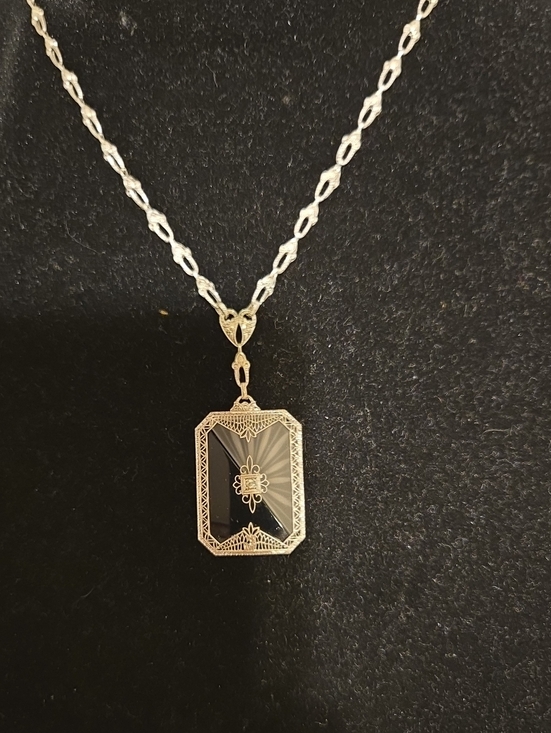 Vintage Art Deco Black Onyx Inlay Rectangular Silver Tone Pendant Charm - View 5