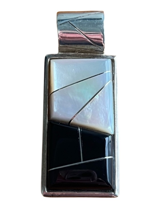 Vintage Art Deco Black Onyx Inlay Rectangular Silver Tone Pendant Charm - View 15